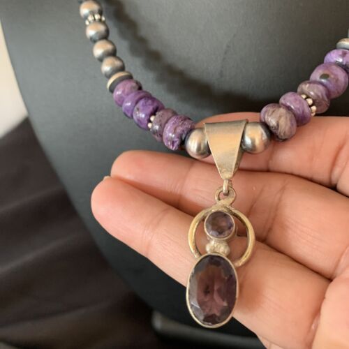 Navajo Purple Charoite and Amethyst Pendant Necklace | Authentic Native American Sterling Silver | Multi-Stone | 22" | 13412