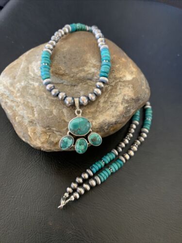 Navajo Pearl Necklace with Blue Cluster Turquoise and Multi-Stone Pendant | Authentic Native American Sterling Silver | 12546