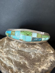 Native American Men's Blue Green Turquoise Inlay Bracelet | Sterling Silver | 14302