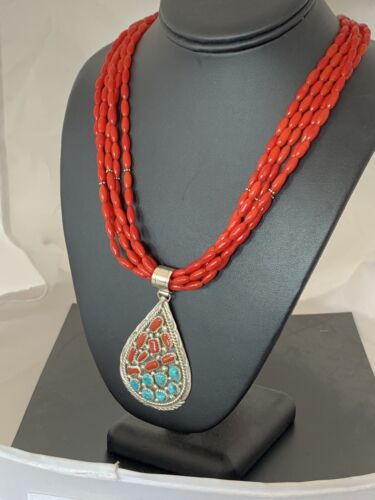 Navajo Coral Turquoise 5-Strand Necklace | Sterling Silver | Authentic Native American Handmade | 00510