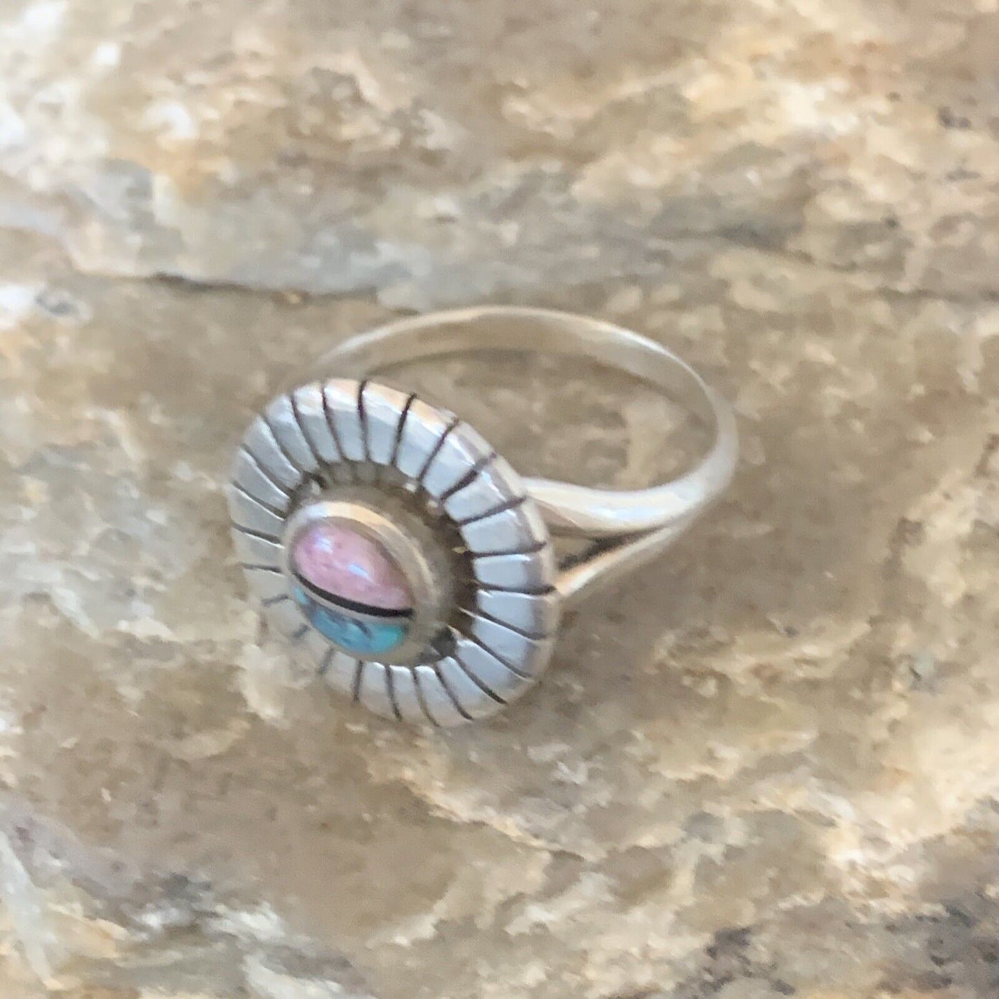 Navajo Blue Turquoise Pink Coral Inlay Ring | Sz 6 | Sterling Silver | Authentic Native American Handmade | 11170