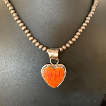 Navajo Orange Heart Spiny Oyster Pendant | Sterling Silver Necklace | Authentic Native American Handmade | 13948 - Masha USA