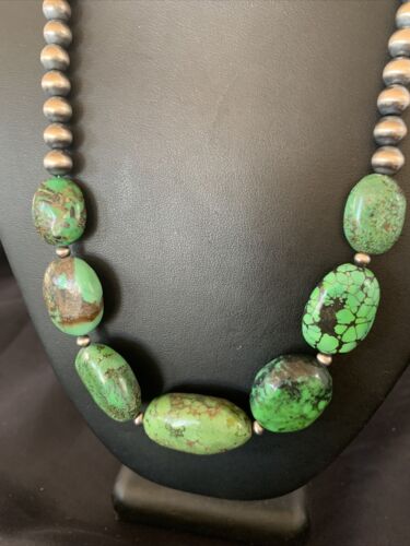 Chunky Navajo Graduated Natural Green Turquoise Necklace | Sterling Silver | Authentic Native American | 18" | 11769