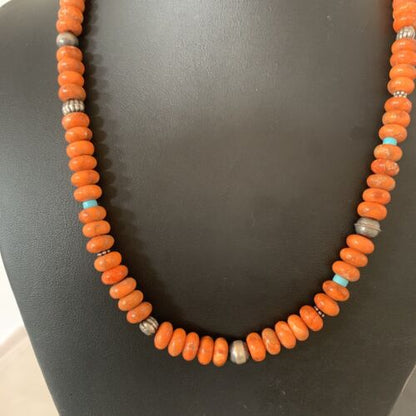 Southwestern Navajo Apple Coral Bead Necklace | Sponge Sterling Silver | Authentic Native American Handmade | 20" | 02043