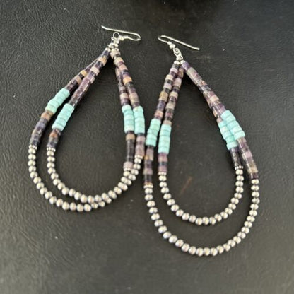 Sugilite Turquoise Heishi Bead Earrings | Sterling Silver | 4" | Authentic Native American Handmade | 14317