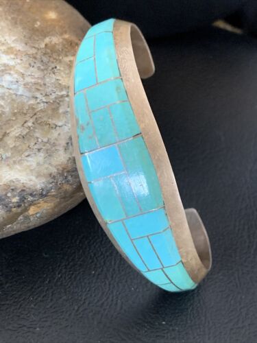Native American Men's Bracelet | Sterling Silver Blue Kingman Turquoise Inlay | 12099
