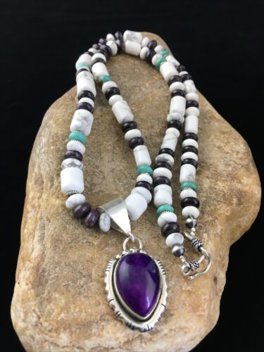 Navajo Purple Sugilite Turquoise Bead Necklace | Sterling Silver | 22" | Authentic Native American Handmade | 10029