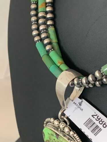 Navajo Pearls Sterling Silver Green Gaspeite Pendant Turquoise Necklace Set | Multi-Strand | 2986
