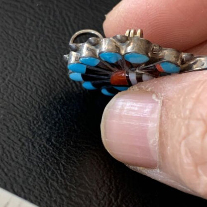 Zuni Turquoise Mother of Pearl Onyx Inlay Sun Face Necklace Pin Pendant | Sterling Silver | 1679