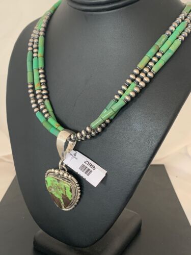Navajo Pearls Sterling Silver Green Gaspeite Pendant Turquoise Necklace Set | Multi-Strand | 2986
