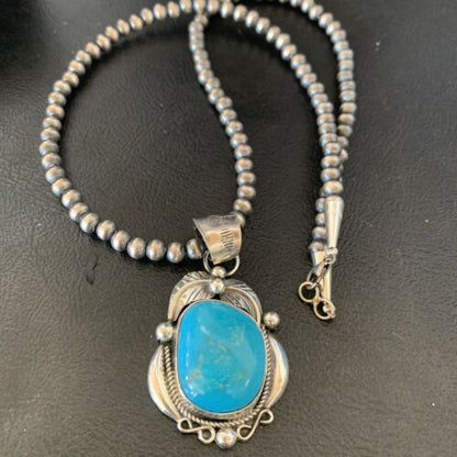 Men's Navajo Pearls Necklace with Blue Kingman Turquoise Pendant | Sterling Silver | Native American Handmade | 12593