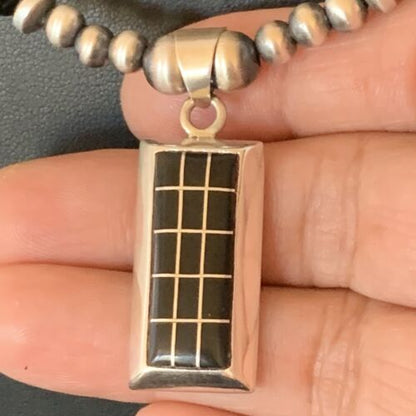 Navajo Black Onyx Inlay Pendant | Sterling Silver Necklace with Pearls | Authentic Native American Handmade | 12282