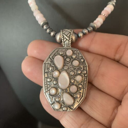 Navajo Pink Opal Beads Necklace | Multi-Stone Mother of Pearl Pendant | Sterling Silver | 13441