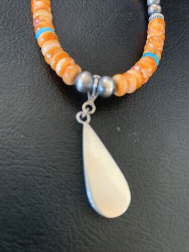 Navajo Pearls, Orange Spiny Oyster & Turquoise Sterling Silver Necklace with Pendant | Authentic Native American | 12704