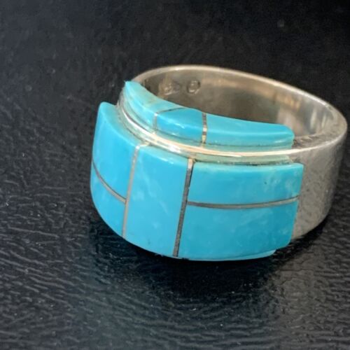 Navajo Blue Turquoise Inlay Band Ring | Sz 8 | Authentic Native American Handmade | 14163