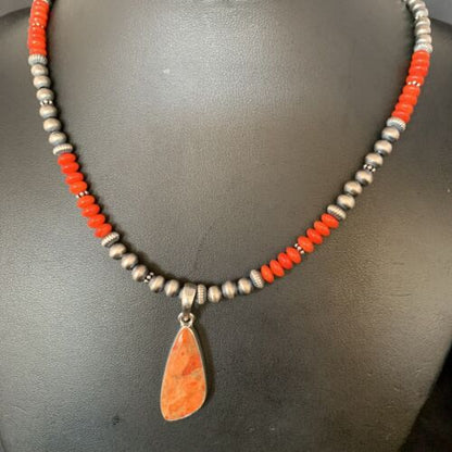 Navajo Red Apple Coral Necklace Pendant Naja | Sterling Silver | Authentic Native American Handmade | 13933