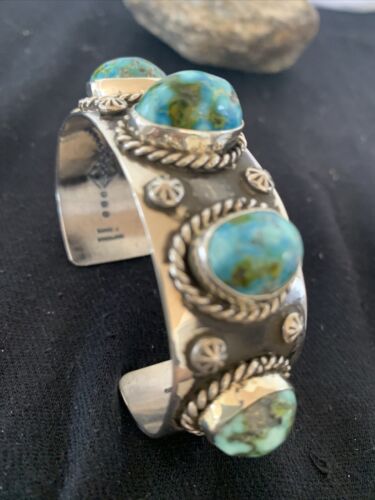 Navajo Green Sonoran Gold Turquoise Cuff Bracelet | Sterling Silver | 5 Stone | Authentic Native American Handmade | 864