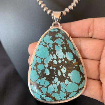 Men's Navajo Pearl Necklace with Blue Spiderweb Turquoise Pendant | Sterling Silver | 10532