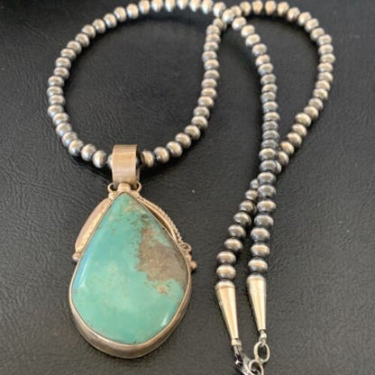 Men's Navajo Pearls Necklace with Blue Kingman Turquoise Pendant | Sterling Silver | Native American Handmade | 12600