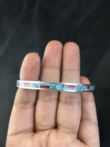 Native American Zuni Opal Spiny Turquoise Inlay Bracelet | Sterling Silver Bangle | 10199