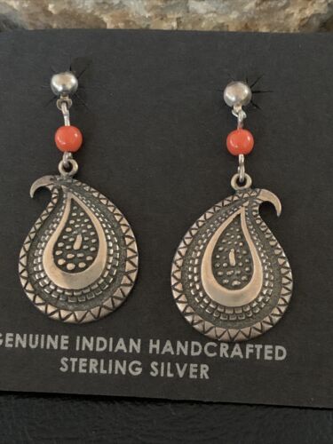 Old Pawn Southwestern Coral Dangle Earrings | Sterling Silver | 1" | 12995
