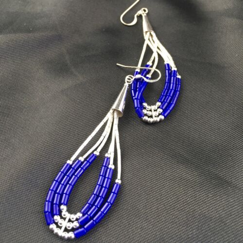 Native American Handmade Sterling Silver Heishi Dangle Earrings | Blue Lapis | 2" | 1965