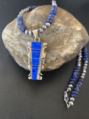 Navajo Pearls Necklace with Blue Lapis Opal Inlay Pendant | Sterling Silver | Authentic Native American Handmade | 11632