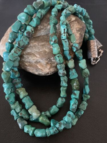 Navajo Green Turquoise Bone Bead Necklace | 3 Strand | Sterling Silver | 01992