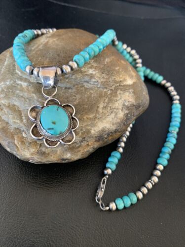 Navajo Blue Turquoise Pendant Necklace | Sterling Silver Pearls | Authentic Native American Handmade | 13217