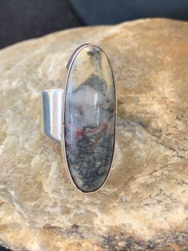Southwestern Navajo Cinnabrite Ring | White Black | Sterling Silver | Sz 7.5 | 01559