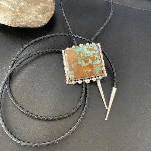 Navajo Green Royston Turquoise Bolo Tie | Sterling Silver | Authentic Native American Handmade | 12883