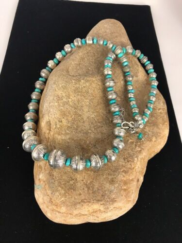 Navajo Pearls Turquoise Bead Necklace | Sterling Silver | 25" Single Strand | Southwestern | 00104