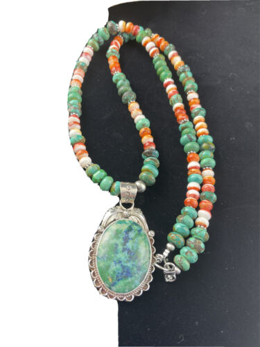 Men's Navajo Sterling Silver Necklace | Spiny Oyster & Turquoise | Moss Agate Pendant | Native American | 01625