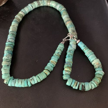 Native American Green Turquoise Heishi Bead Necklace | 12mm | Sterling Silver | Handmade | 22" | 13570 - Masha USA
