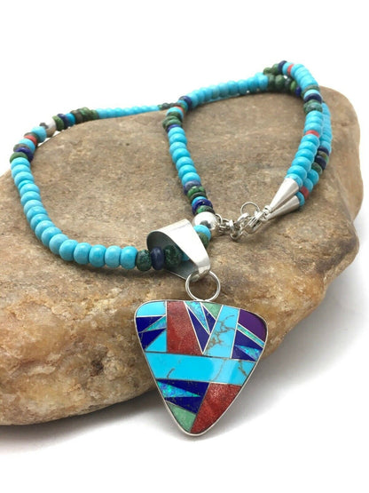 Authentic Native American Sterling Silver Necklace | Blue Turquoise Multicolor Pendant | Navajo Handmade | 21" | 4277