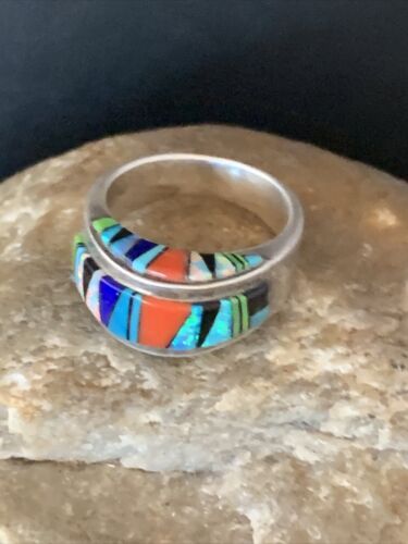 Multi-Color Navajo Sterling Silver Turquoise Spiny Oyster Inlay Ring Sz 6 | Handmade | 14169