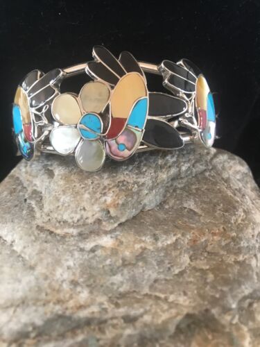 Zuni Sterling Inlay Hummingbird Bracelet | Multi Stone Turquoise | Old Pawn  | 7.5" | 8299