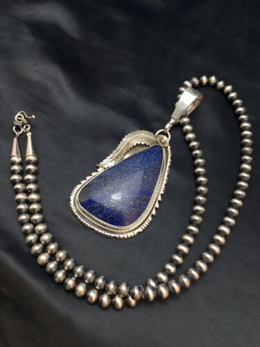 Men's Sterling Silver Navajo Pearls Necklace with Denim Lapis Pendant | Authentic Native American Handmade | 1006