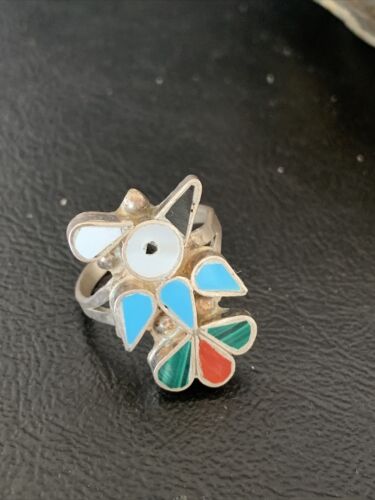 Zuni Peyote Bird Inlay Ring | Sterling Silver | Coral, Turquoise, Onyx, Mother of Pearl | Sz 6.5 | 10791