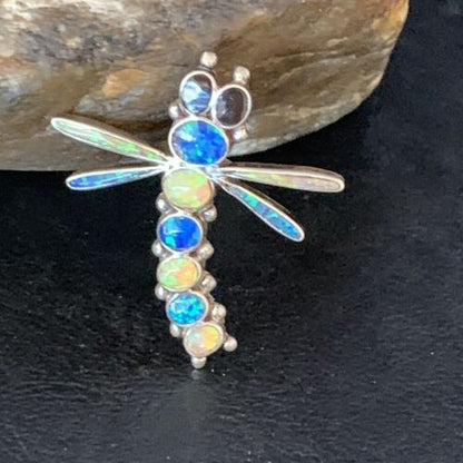 Zuni White Blue Opal Inlay Dragonfly Necklace Pin Pendant | Sterling Silver | 13683