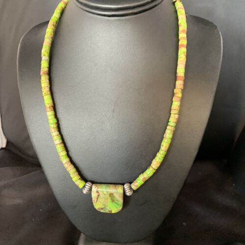Navajo Green Gaspeite Turquoise Pendant | Sterling Silver | Authentic Native American Handmade | 13940