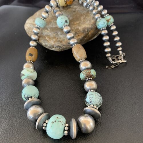 Navajo Pearl Dry Creek Turquoise Beads Necklace | Sterling Silver | 21" | Authentic Native American Handmade | 10980