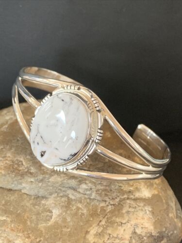 Navajo White Buffalo Turquoise Cuff Bracelet | Sterling Silver | Authentic Native American Handmade | 1389