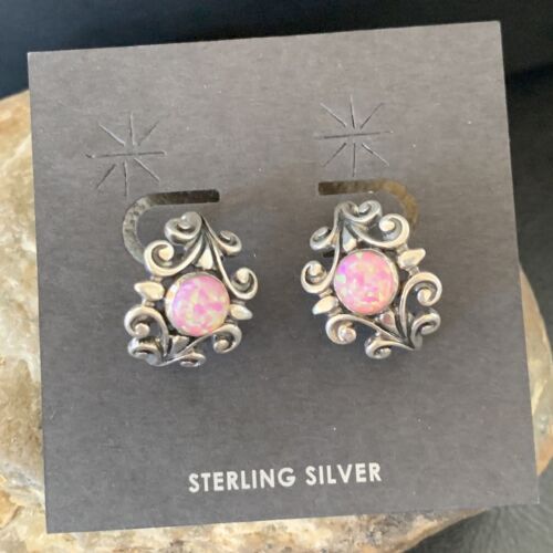 Native American Women's Navajo Hoop Earrings Set | Sterling Silver Pink Opal | 12764