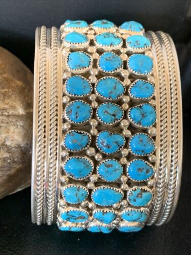 Sterling Silver Blue Kingman Turquoise Cuff Bracelet | 3 Row Stone | Authentic Native American Handmade | 12167