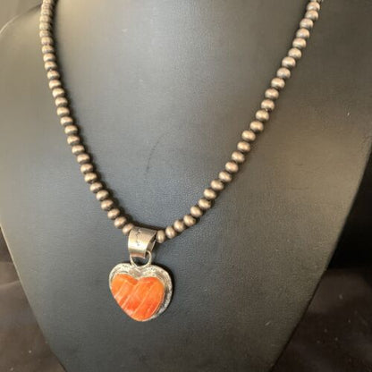 Navajo Orange Heart Spiny Oyster Pendant | Sterling Silver Necklace | Authentic Native American Handmade | 13949