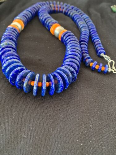 Authentic Native American Navajo Sterling Silver Beads Necklace Set | Lapis & Spiny Oyster| 30" | 11856
