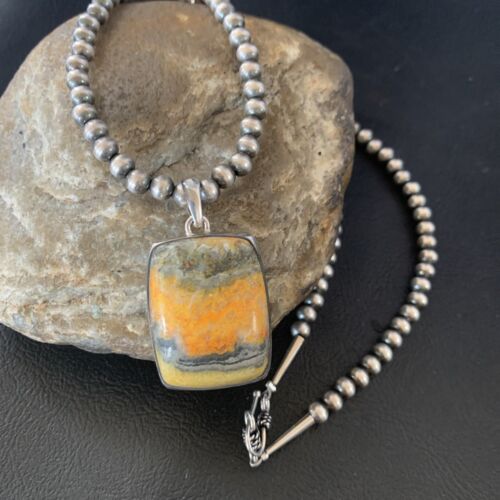 Navajo Bumblebee Jasper Pendant Necklace | Sterling Silver | Authentic Native American Handmade | 12725
