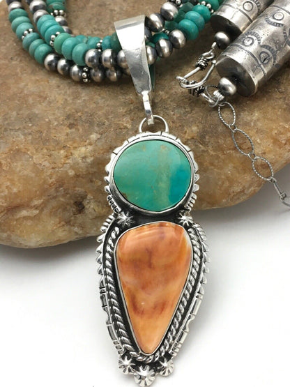 Navajo Kingman Turquoise & Spiny Oyster Necklace Pendant | Sterling Silver | 21" | Multi-Stone 2861