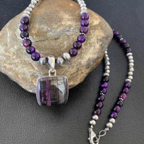 Women's Navajo Pearls Necklace with Purple Sugilite and Onyx Pendant | Sterling Silver | 13393